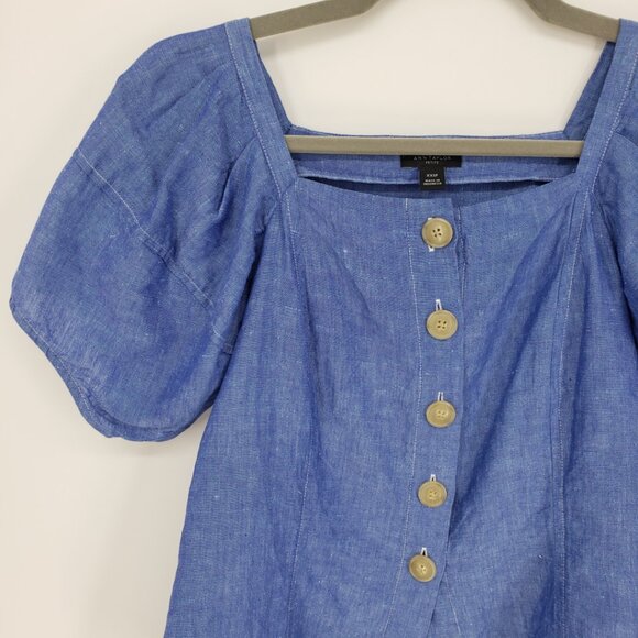 Ann Taylor Puff Sleeve Square Neck Top XXSP Linen Cotton Blend Button Down Blue - Picture 6 of 9